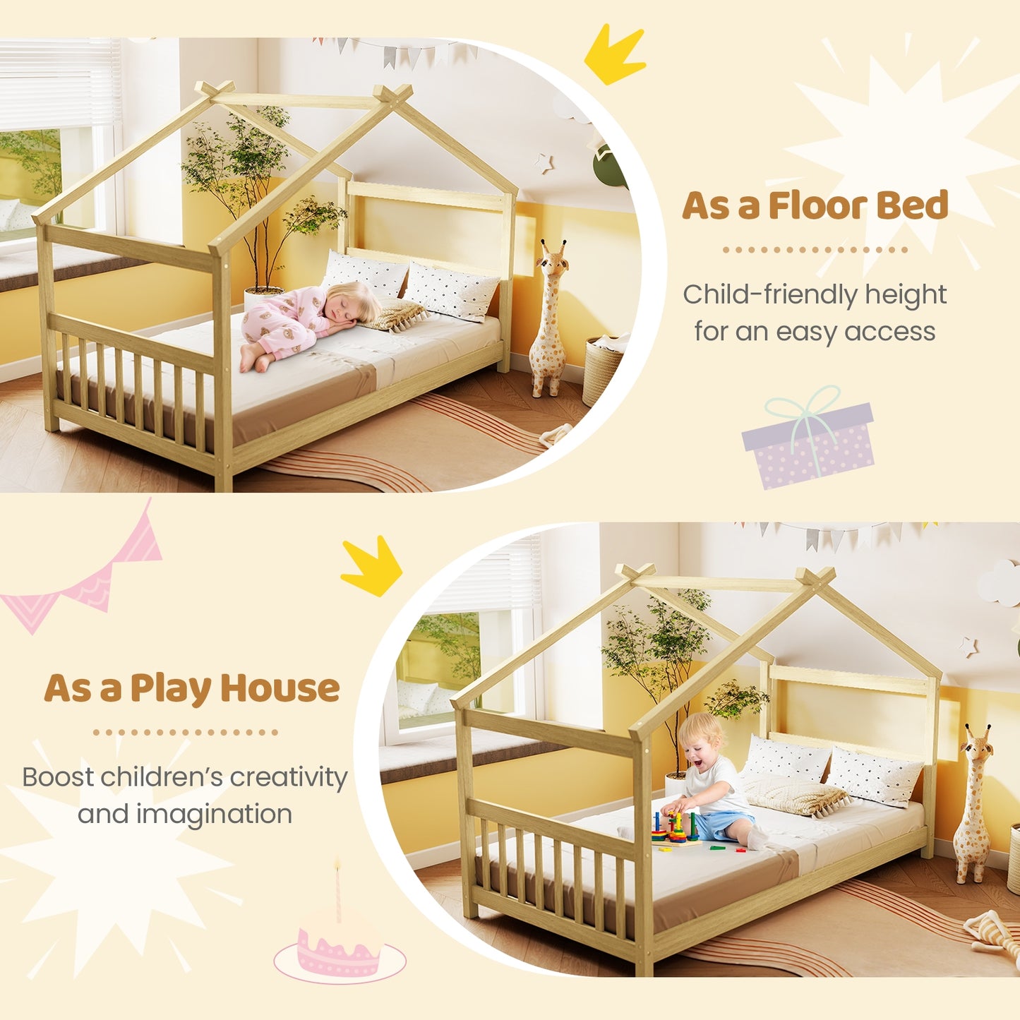 Twin Size Wooden House Bed With Roof, Natural Simple Bed Frame at Gallery Canada