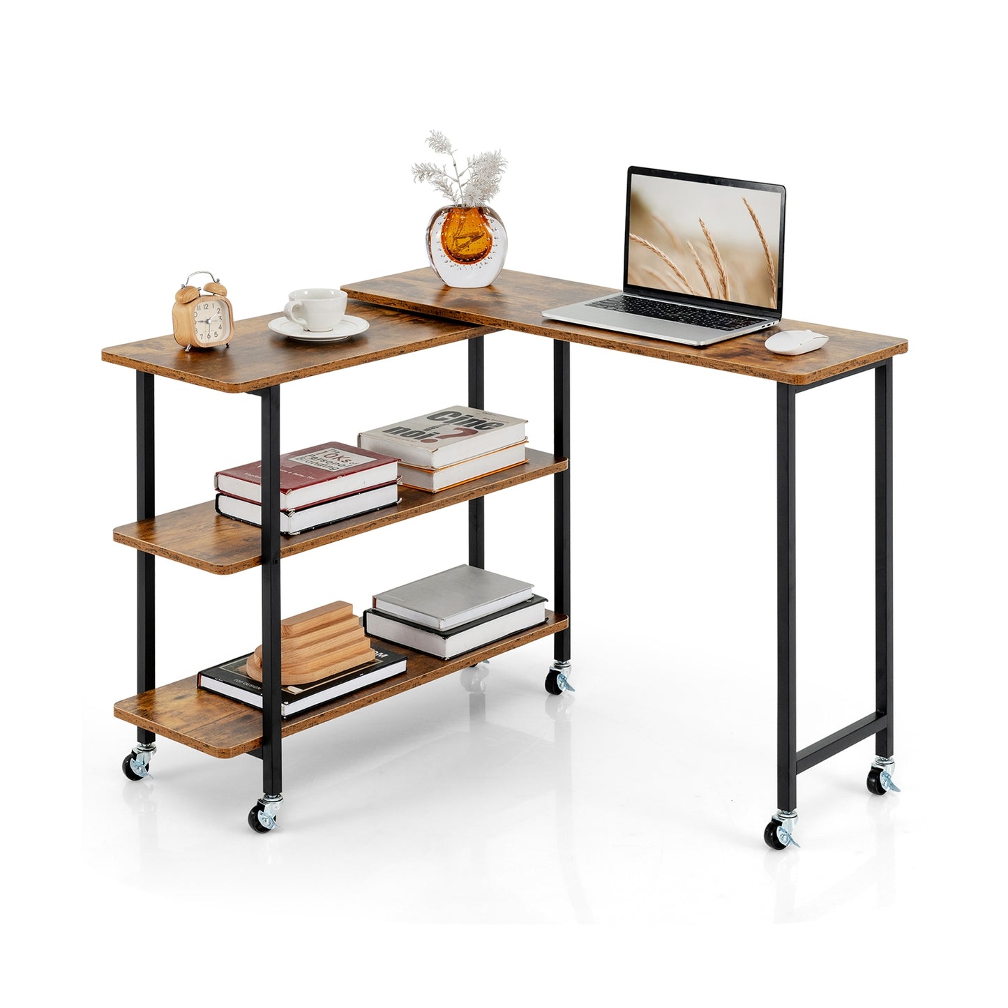 360° Rotating Side Table, 2-Tier Storage Shelves, Brown L-Shaped Desks Brown at Gallery Canada