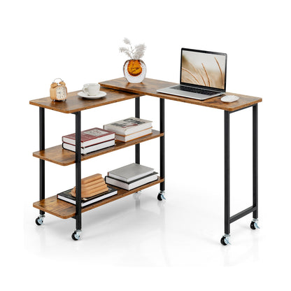 360° Rotating Side Table, 2-Tier Storage Shelves, Brown L-Shaped Desks Brown at Gallery Canada