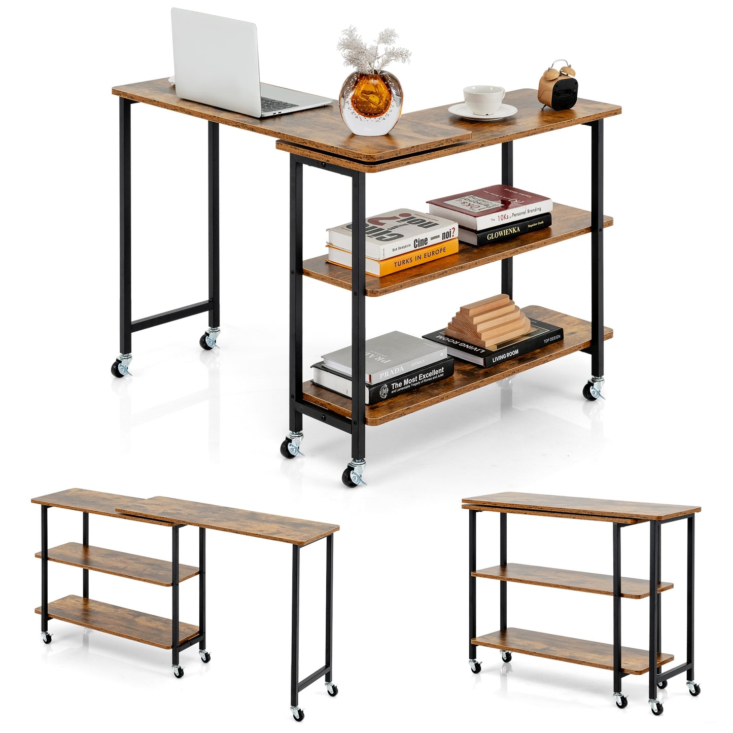 360° Rotating Sofa Side Table with 2-Tier Storage Shelves, Brown