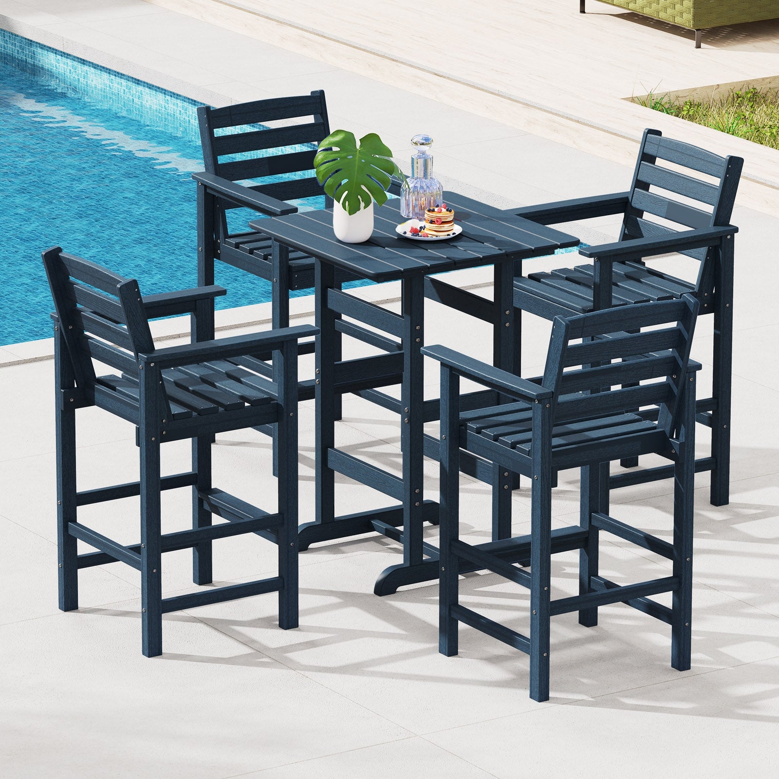 30 Inch Square Bar Table Dining Table with Slatted Tabletop for Poolside, Navy Patio Dining Tables at Gallery Canada