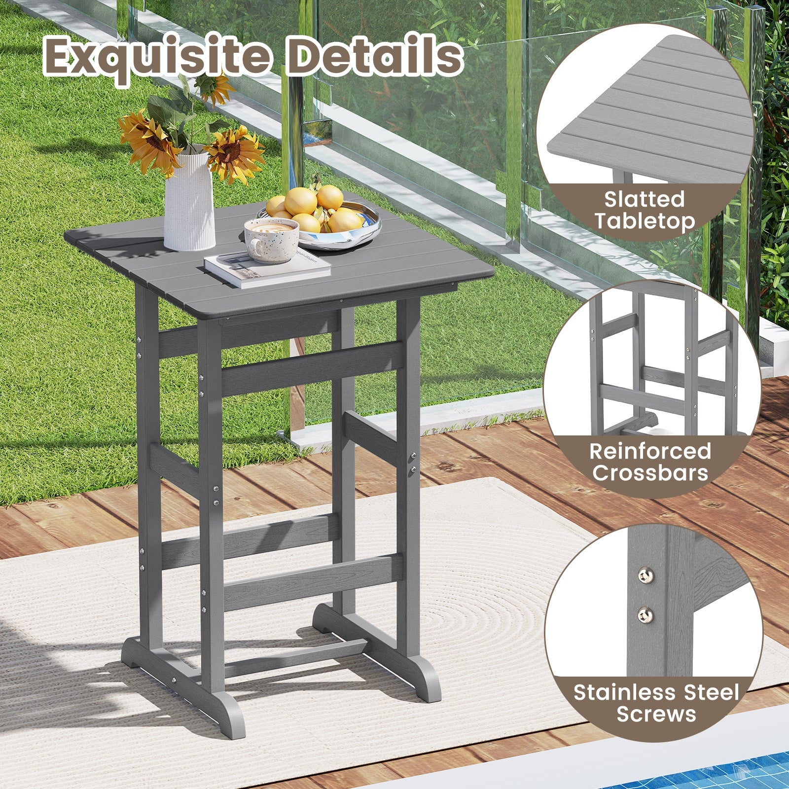 30 Inch Square Bar Table Dining Table with Slatted Tabletop for Poolside, Gray Patio Dining Tables at Gallery Canada