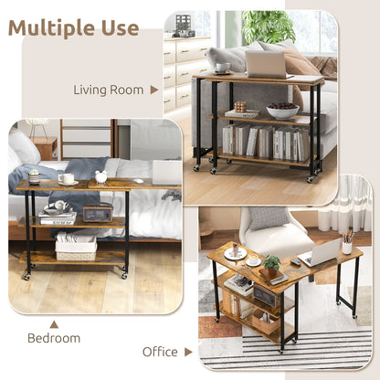 360° Rotating Sofa Side Table with 2-Tier Storage Shelves, Brown