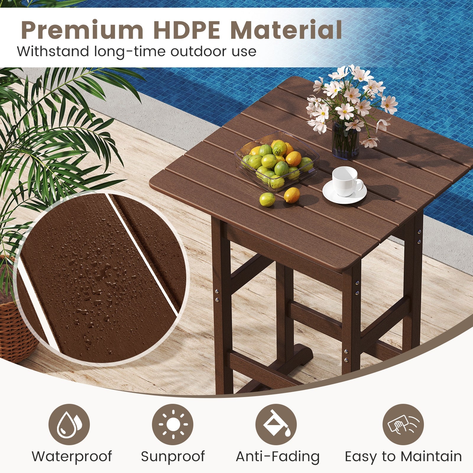 30 Inch Square Bar Table Dining Table with Slatted Tabletop for Poolside, Brown Patio Dining Tables at Gallery Canada