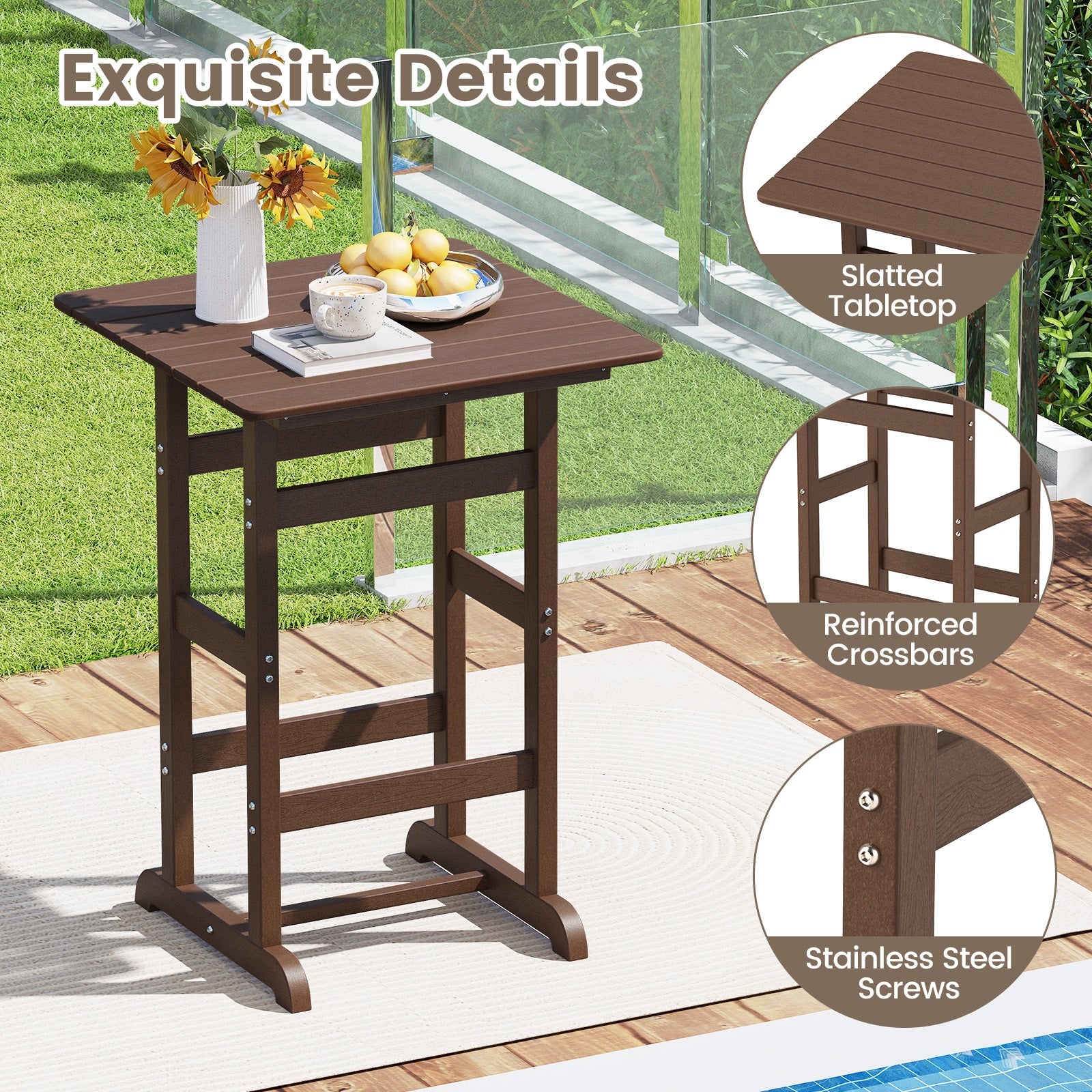 30 Inch Square Bar Table Dining Table with Slatted Tabletop for Poolside, Brown Patio Dining Tables at Gallery Canada