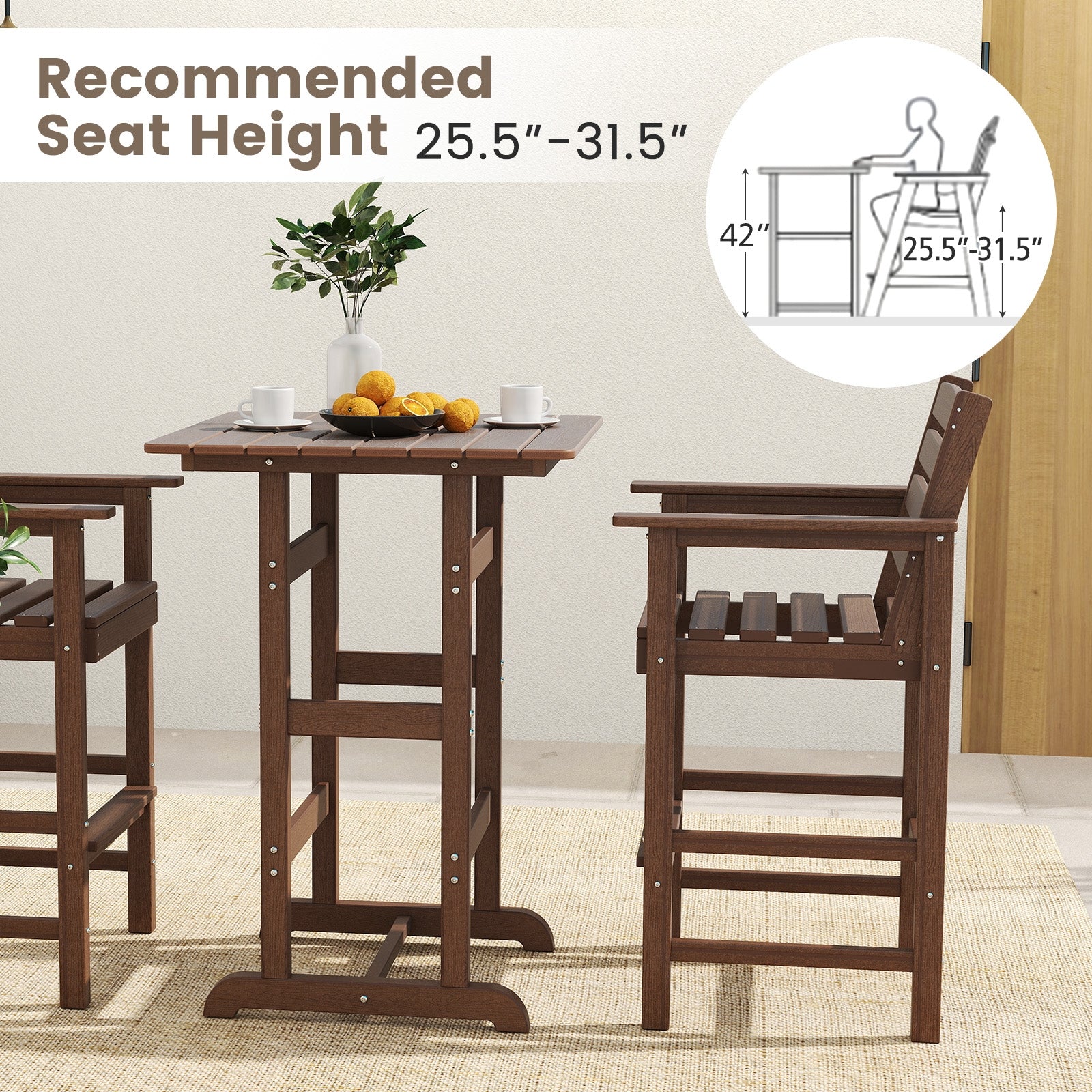 30 Inch Square Bar Table Dining Table with Slatted Tabletop for Poolside, Brown Patio Dining Tables at Gallery Canada