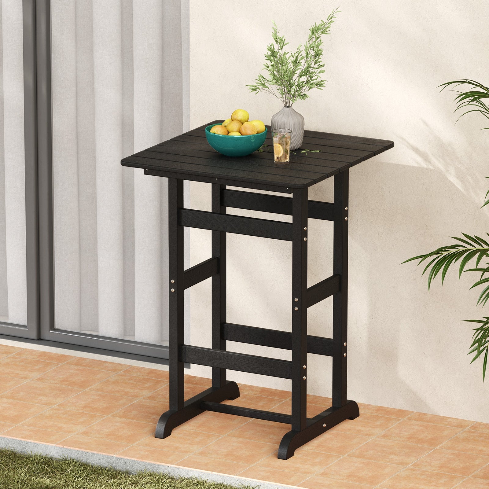 30 Inch Square Bar Table Dining Table with Slatted Tabletop for Poolside, Black Patio Dining Tables at Gallery Canada