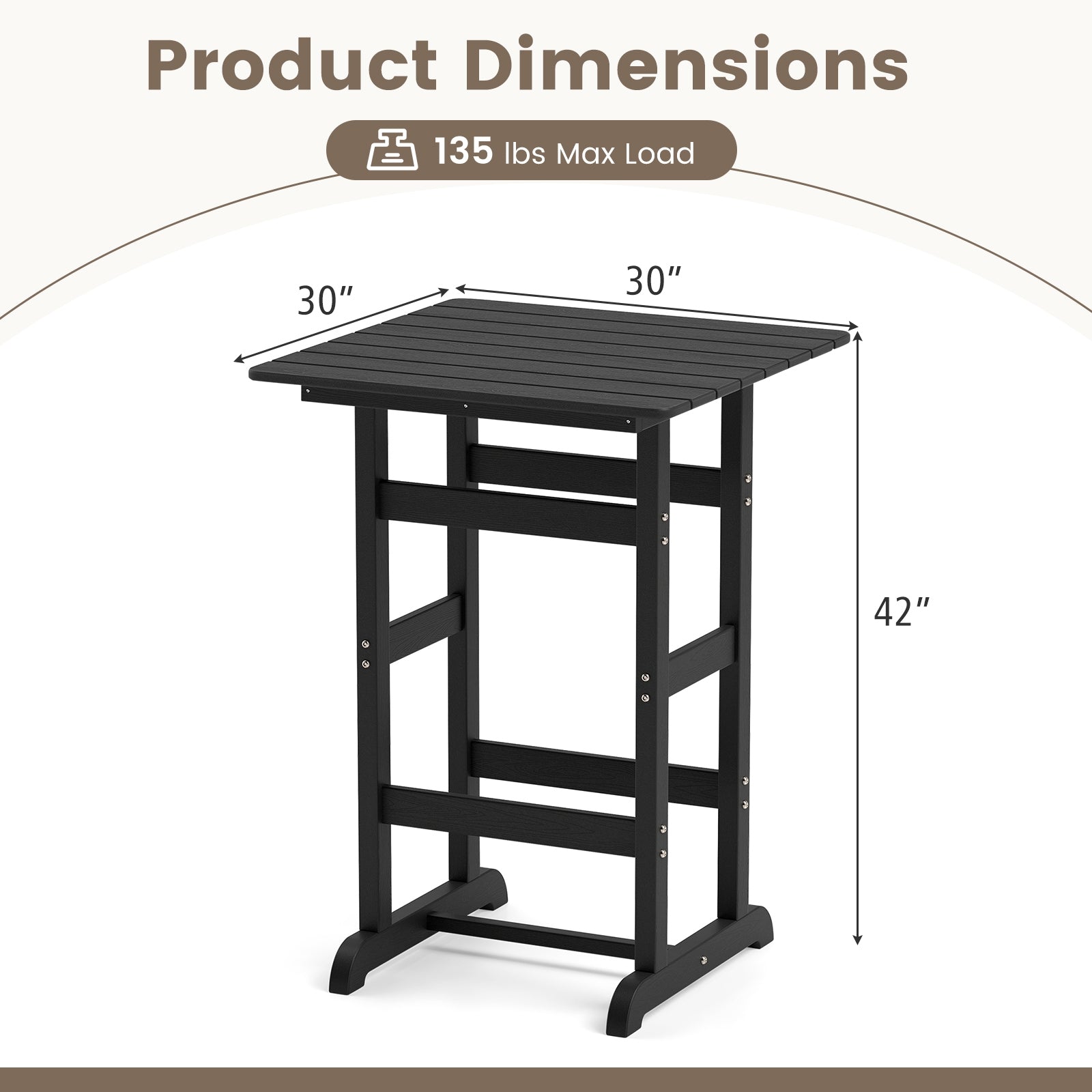 30 Inch Square Bar Table Dining Table with Slatted Tabletop for Poolside, Black Patio Dining Tables at Gallery Canada