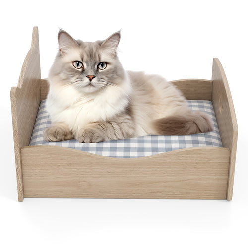 Elevated Pet Bed Frame with Rails and Cute Headboards, Walnut