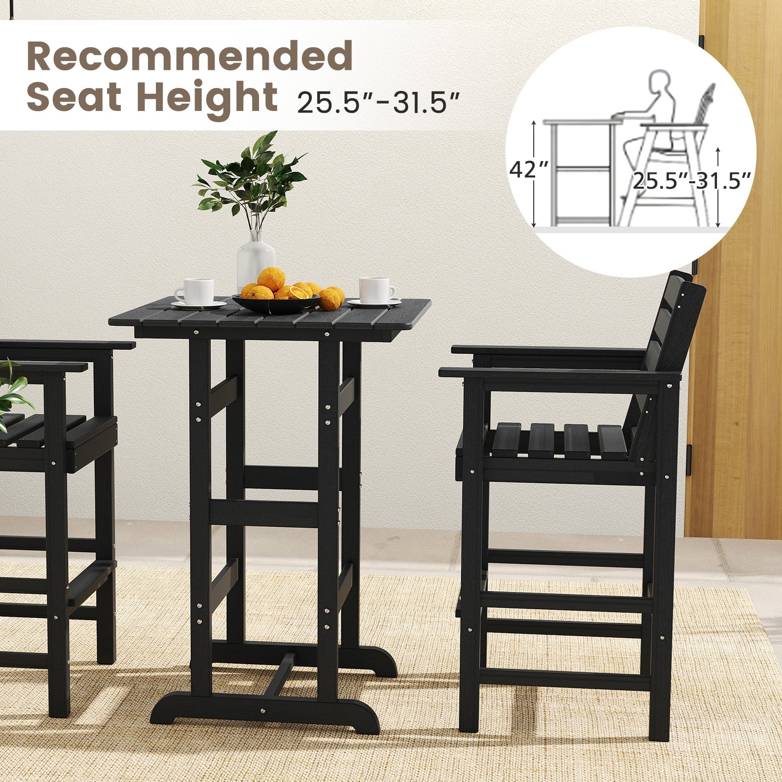 30 Inch Square Bar Table Dining Table with Slatted Tabletop for Poolside, Black Patio Dining Tables at Gallery Canada