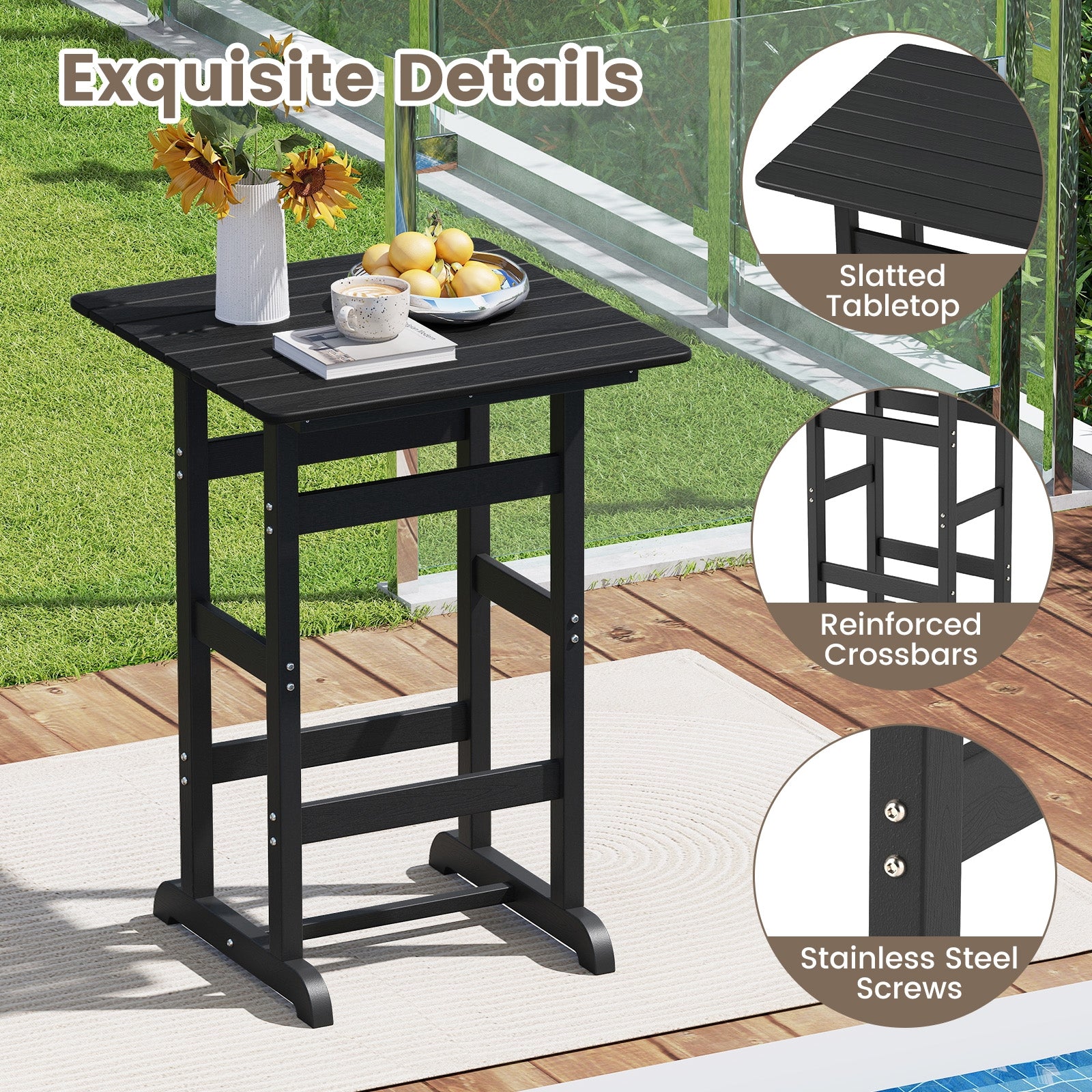 30 Inch Square Bar Table Dining Table with Slatted Tabletop for Poolside, Black Patio Dining Tables at Gallery Canada