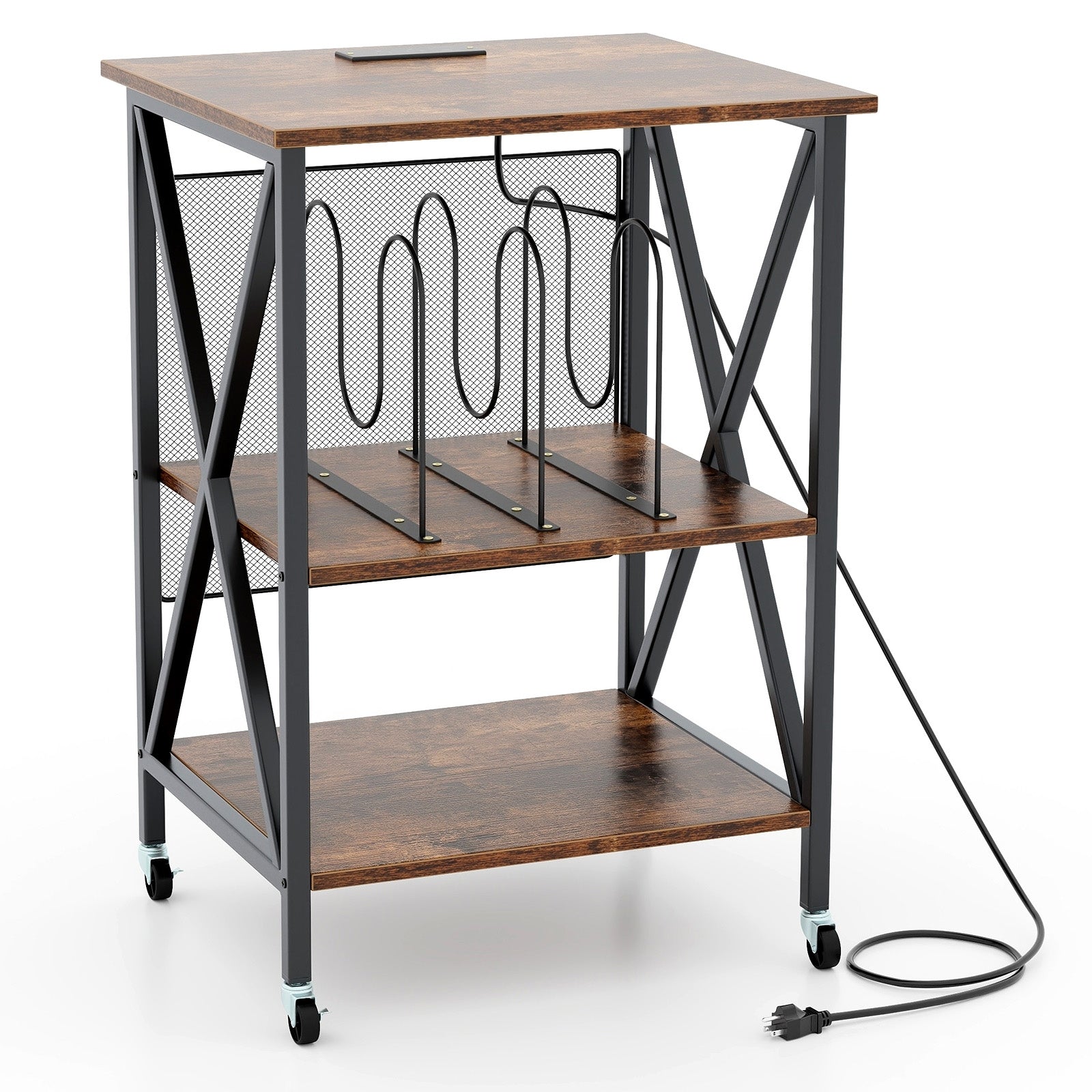 Mid-Century Record Player Stand with Built-in Charging Station, Rustic Brown End & Side Tables at Gallery Canada