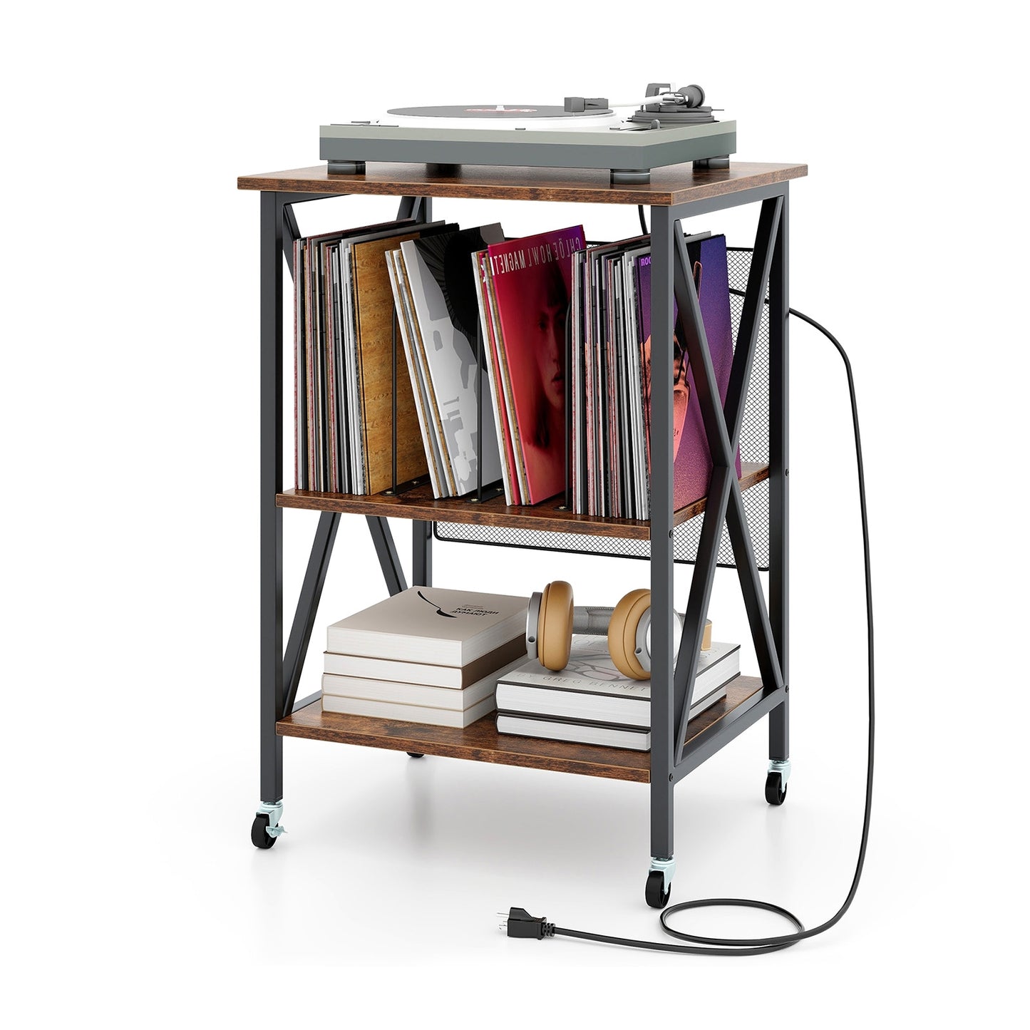 Mid-Century Record Player Stand with Built-in Charging Station, Rustic Brown End & Side Tables at Gallery Canada