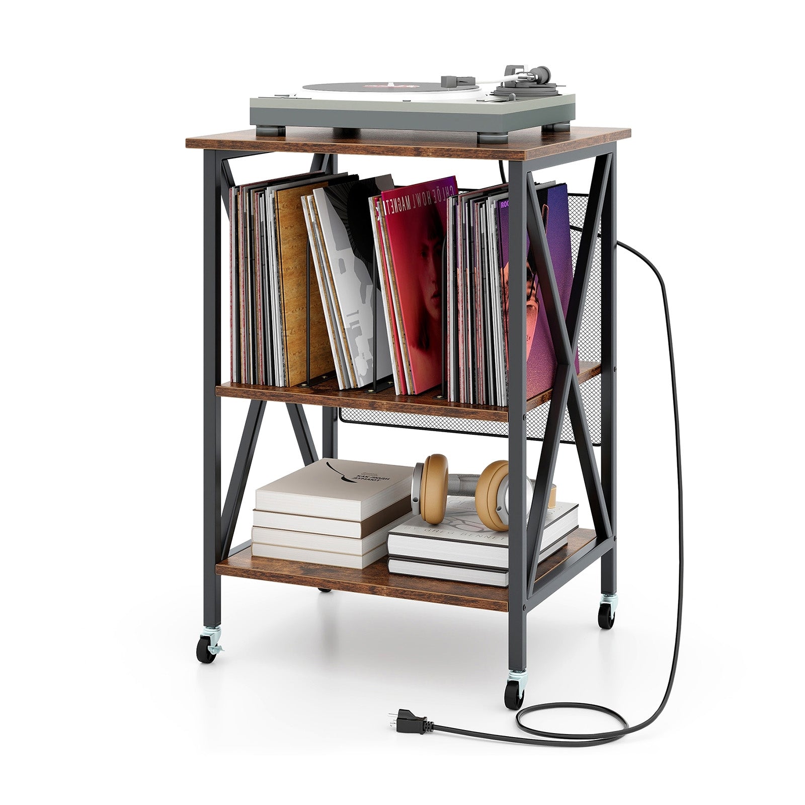 Mid-Century Record Player Stand with Built-in Charging Station, Rustic Brown End & Side Tables at Gallery Canada