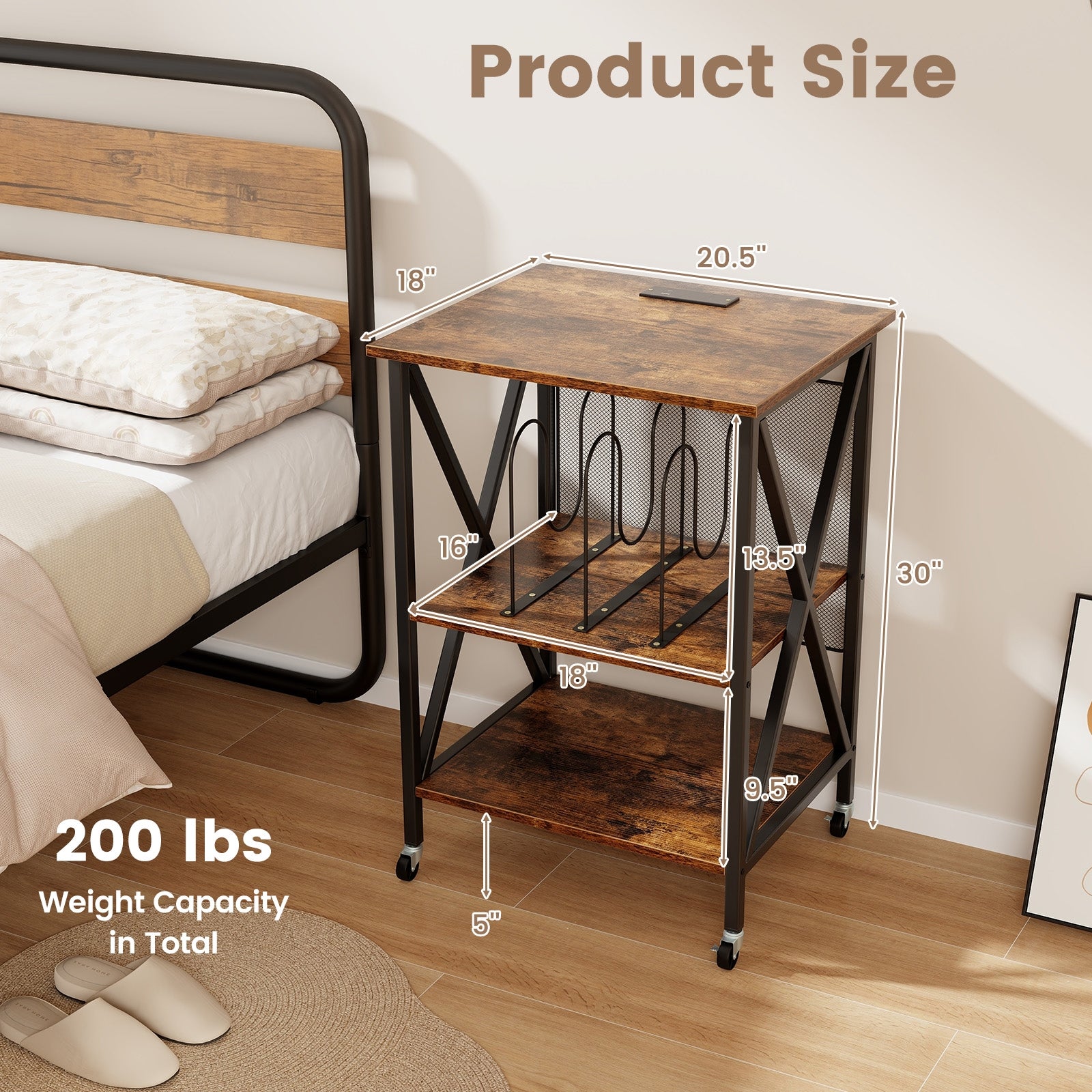 Mid-Century Record Player Stand with Built-in Charging Station, Rustic Brown End & Side Tables at Gallery Canada