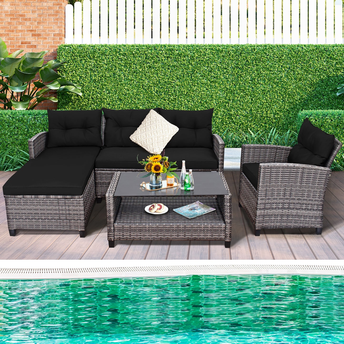 4 Pieces Patio Rattan Sofa Furniture Set with Cushion and 2-Tier Coffee Table, Black Outdoor Sectionals at Gallery Canada