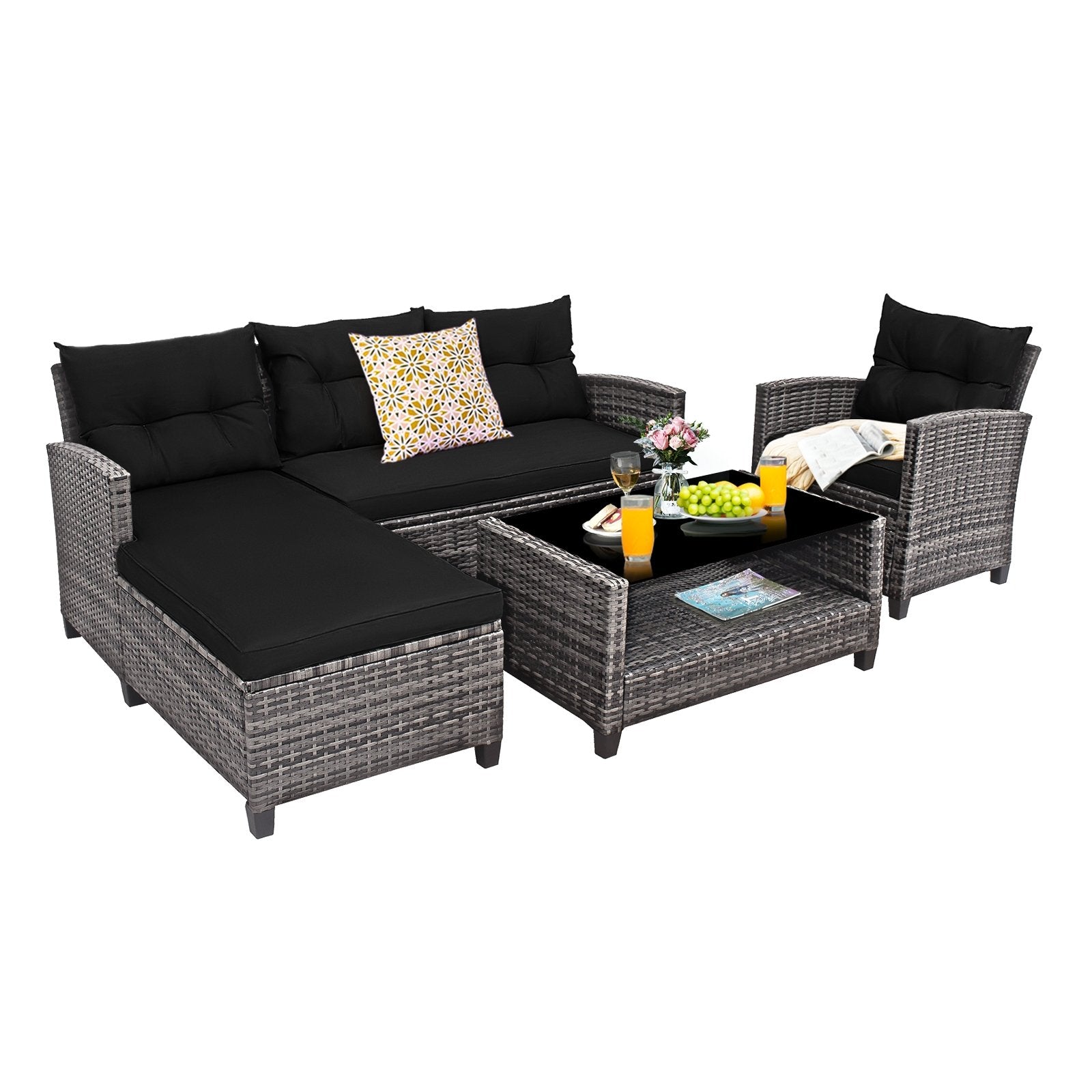 4 Pieces Patio Rattan Sofa Furniture Set with Cushion and 2-Tier Coffee Table, Black Outdoor Sectionals at Gallery Canada
