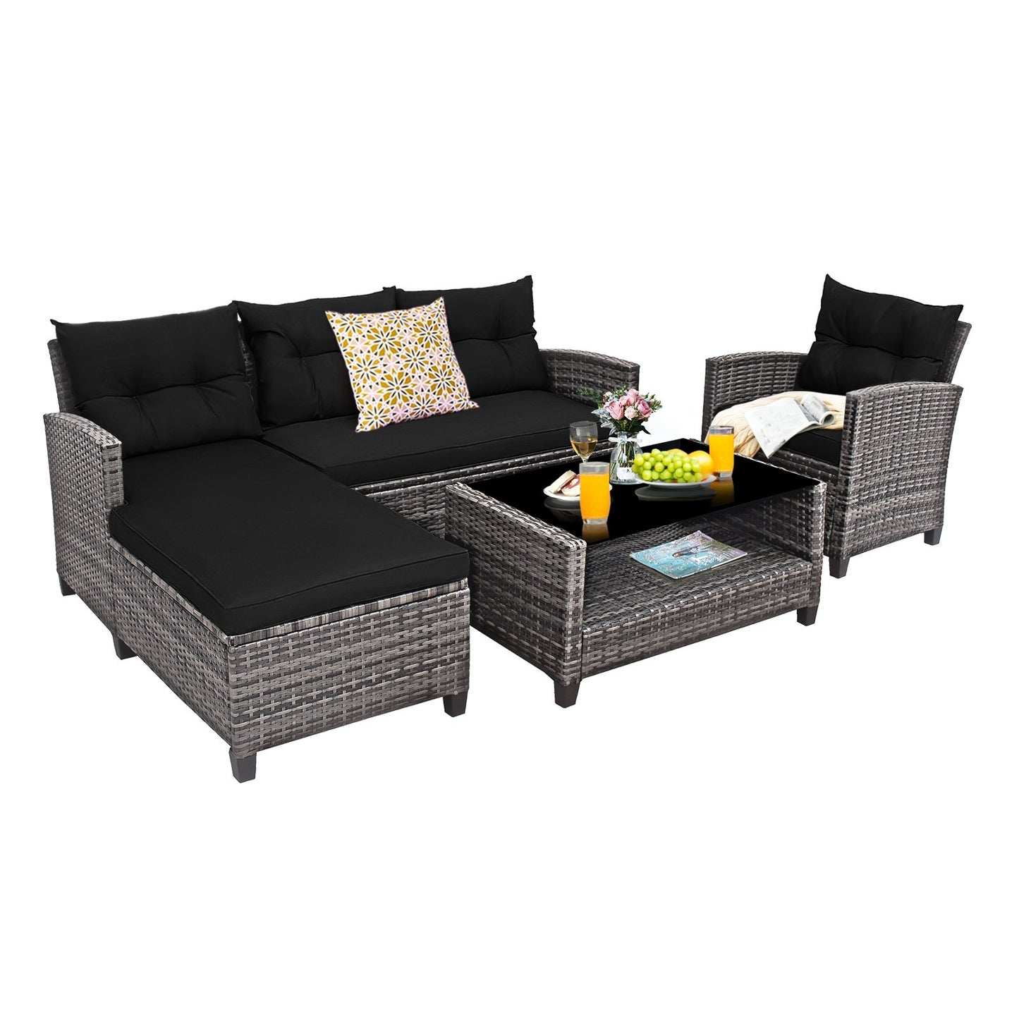 4 Pieces Patio Rattan Sofa Furniture Set with Cushion and 2-Tier Coffee Table, Black Outdoor Sectionals Black at Gallery Canada