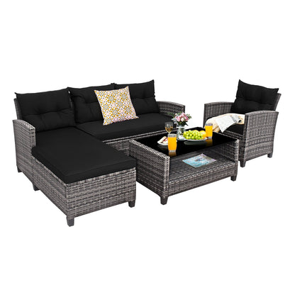 4 Pieces Patio Rattan Sofa Furniture Set with Cushion and 2-Tier Coffee Table, Black Outdoor Sectionals Black at Gallery Canada