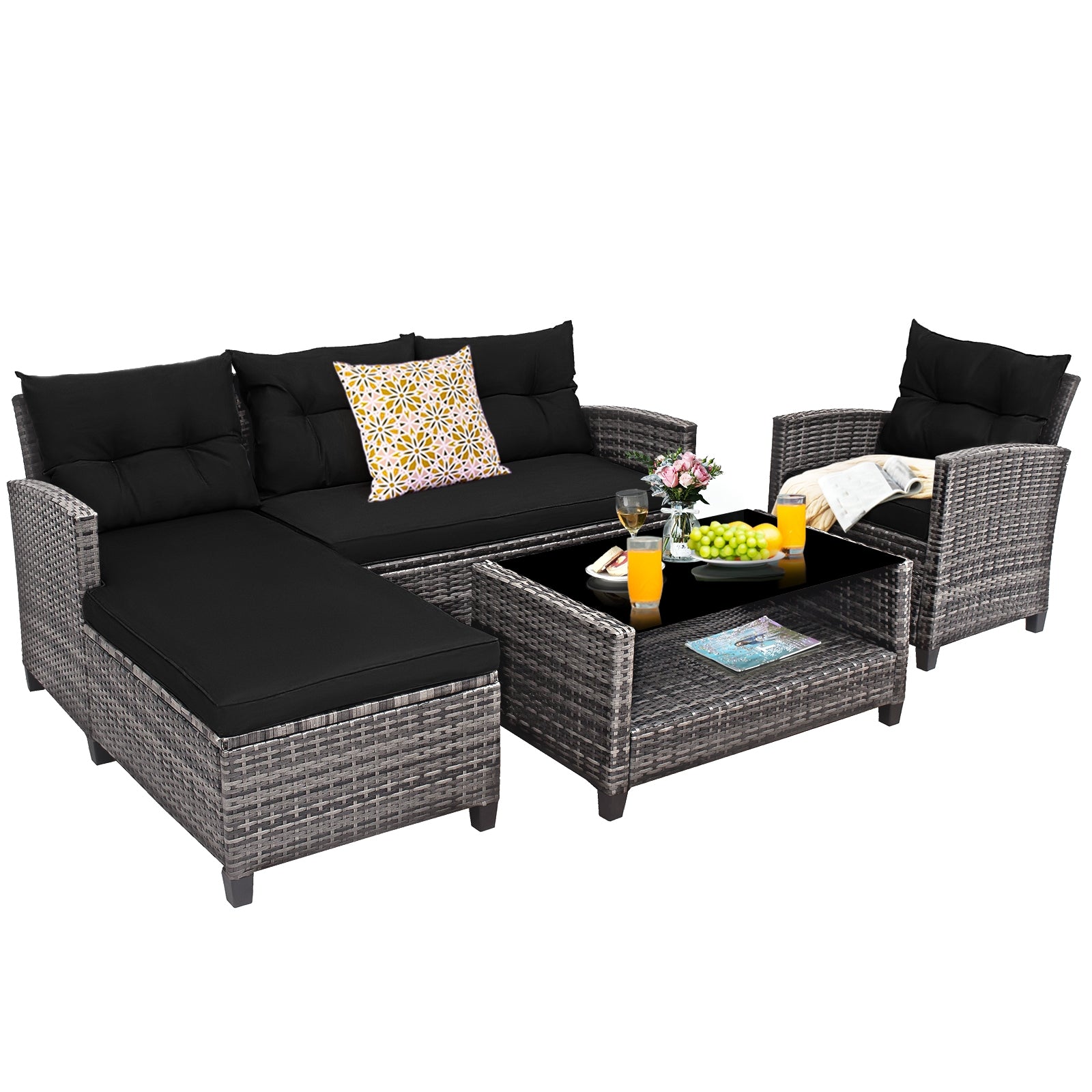 4 Pieces Patio Rattan Sofa Furniture Set with Cushion and 2-Tier Coffee Table, Black Outdoor Sectionals at Gallery Canada