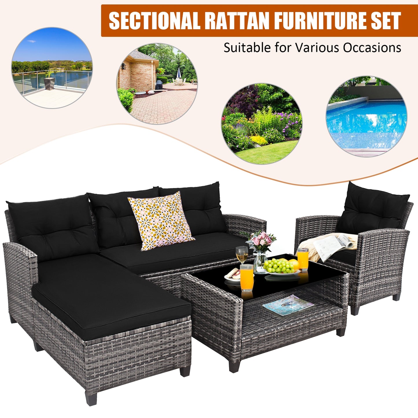 4 Pieces Patio Rattan Sofa Furniture Set with Cushion and 2-Tier Coffee Table, Black Outdoor Sectionals at Gallery Canada