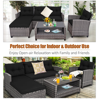 4 Pieces Patio Rattan Sofa Furniture Set with Cushion and 2-Tier Coffee Table, Black Outdoor Sectionals at Gallery Canada