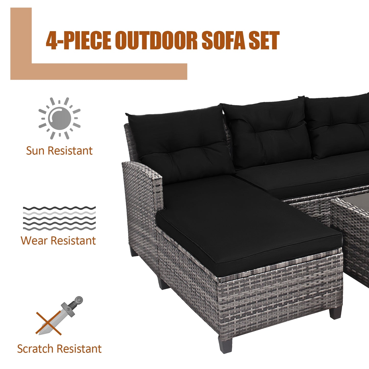 4 Pieces Patio Rattan Sofa Furniture Set with Cushion and 2-Tier Coffee Table, Black Outdoor Sectionals at Gallery Canada