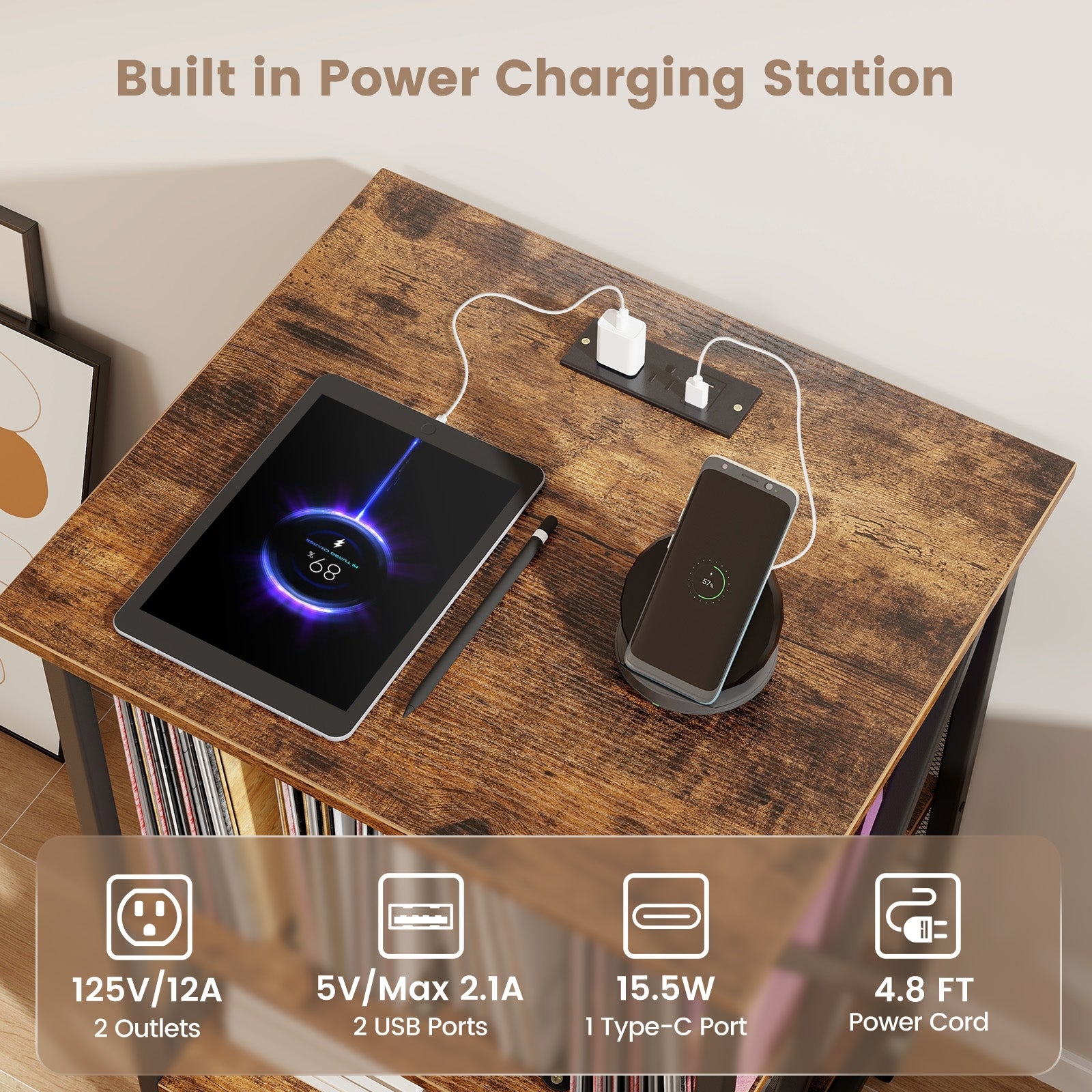 Mid-Century Record Player Stand with Built-in Charging Station, Rustic Brown End & Side Tables at Gallery Canada