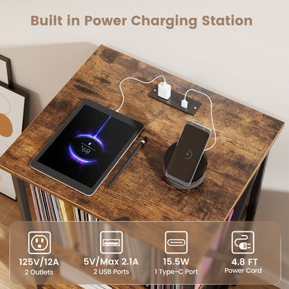 Mid-Century Record Player Stand with Built-in Charging Station, Rustic Brown End & Side Tables at Gallery Canada