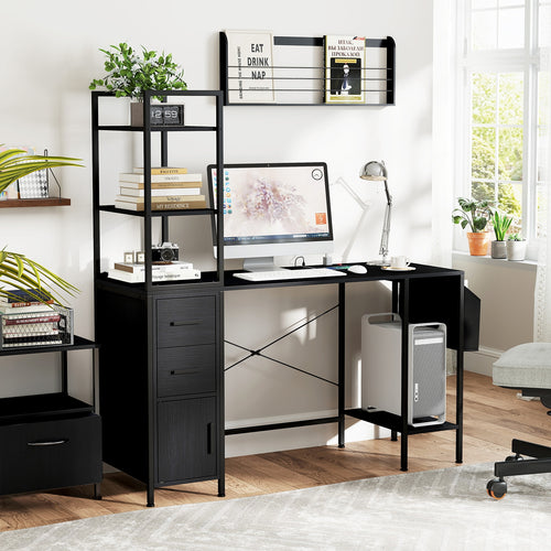 Office Desk with LED Lights and Power Outlets Computer Desk with Open Shelves, Black