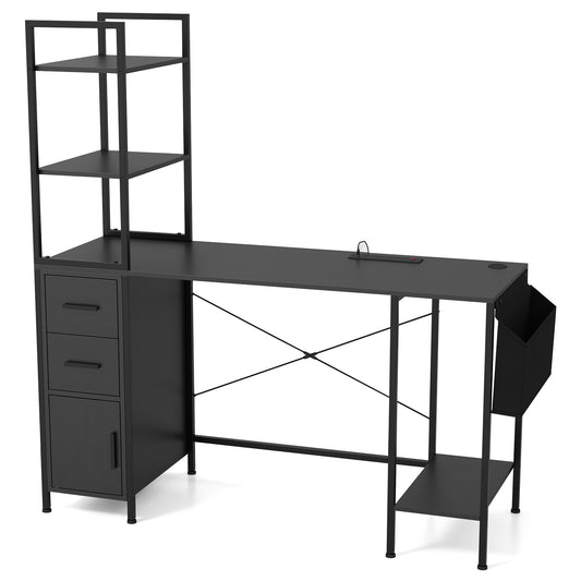 Office Desk With LED Lights, Power Outlets, Open Shelves, Black