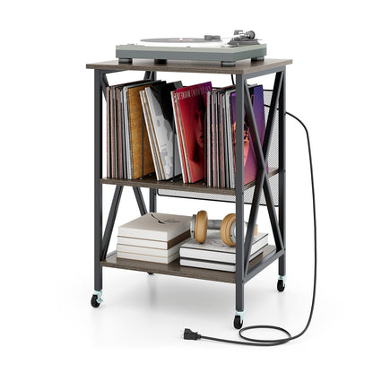 Mid-Century Record Player Stand with Built-in Charging Station, Gray End & Side Tables at Gallery Canada