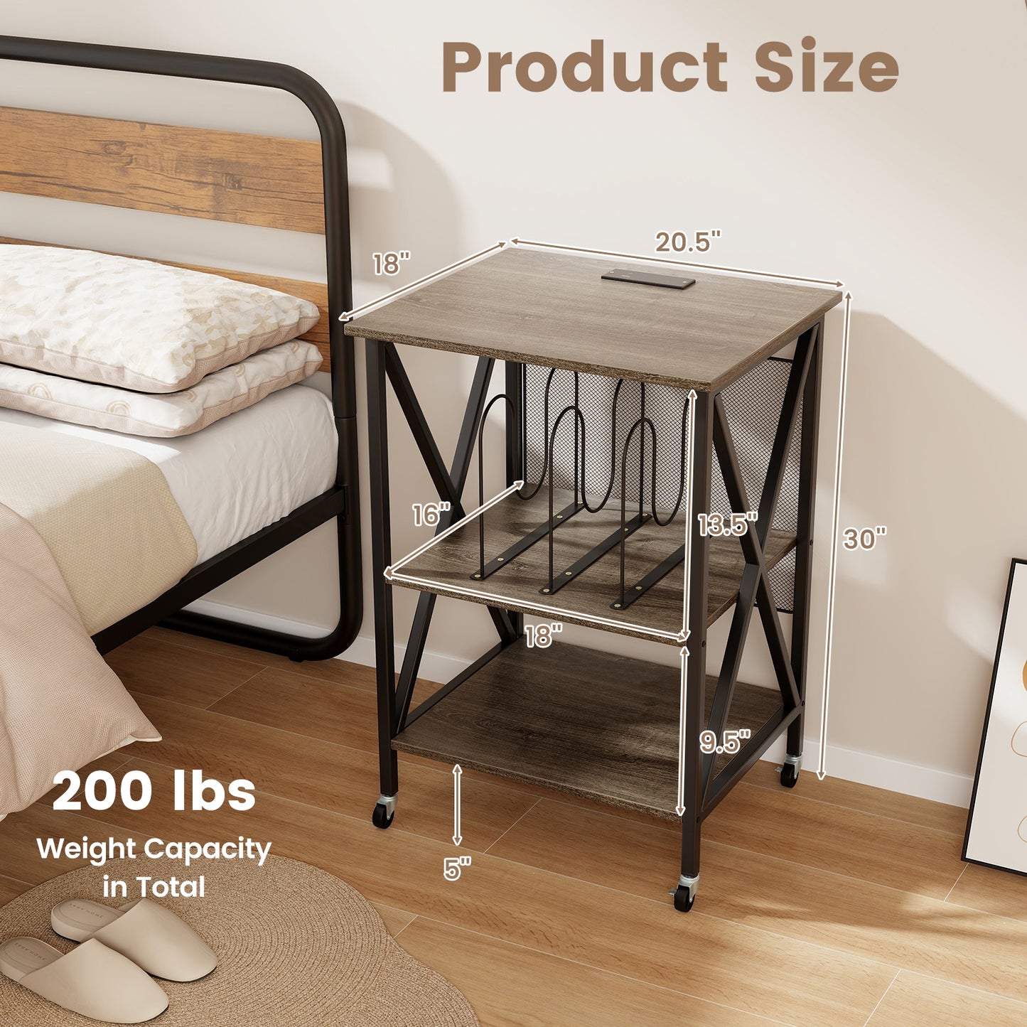 Mid-Century Record Player Stand with Built-in Charging Station, Gray End & Side Tables at Gallery Canada