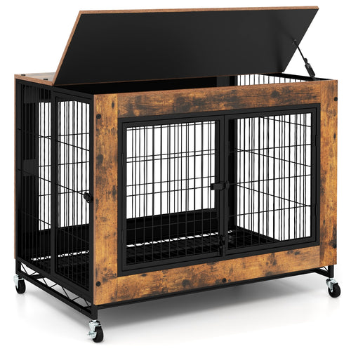 Industrial Dog Kennel with Flip-up Top 3 Lockable Doors and Removable Tray, Rustic Brown
