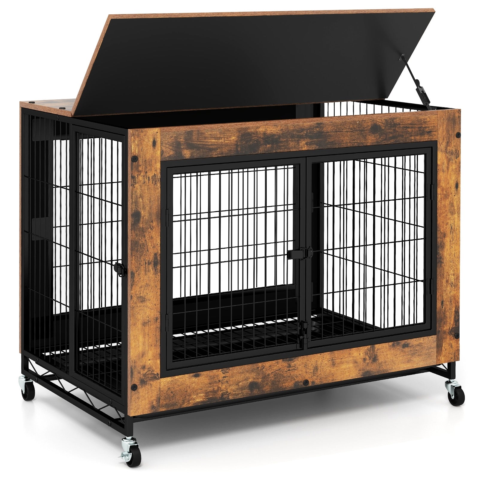 Industrial Dog Kennel with Flip-up Top 3 Lockable Doors and Removable Tray, Rustic Brown Dog Kennels at Gallery Canada