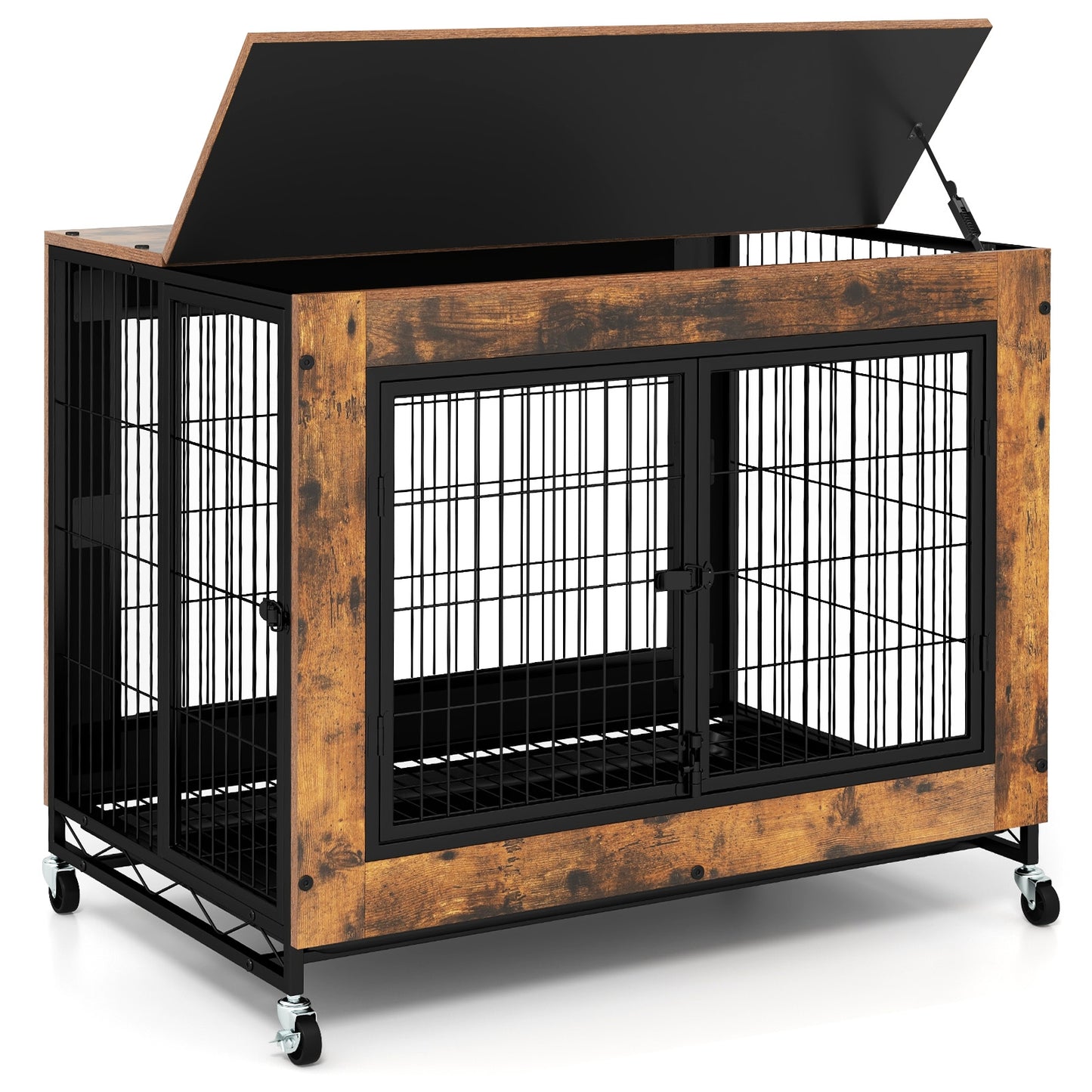 Industrial Dog Kennel, Flip-Up Top, 3 Lockable Doors, Removable Tray, Rustic Brown Dog Kennels Rustic Brown at Gallery Canada