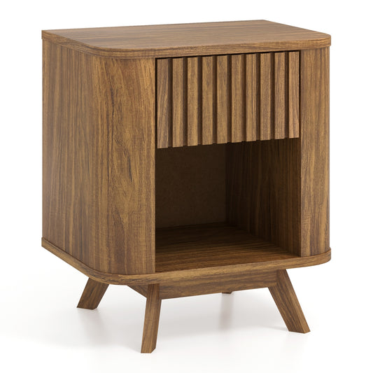 Mid-Century Wood Nightstand, Drawer And Open Shelf, Walnut Nightstands Walnut at Gallery Canada