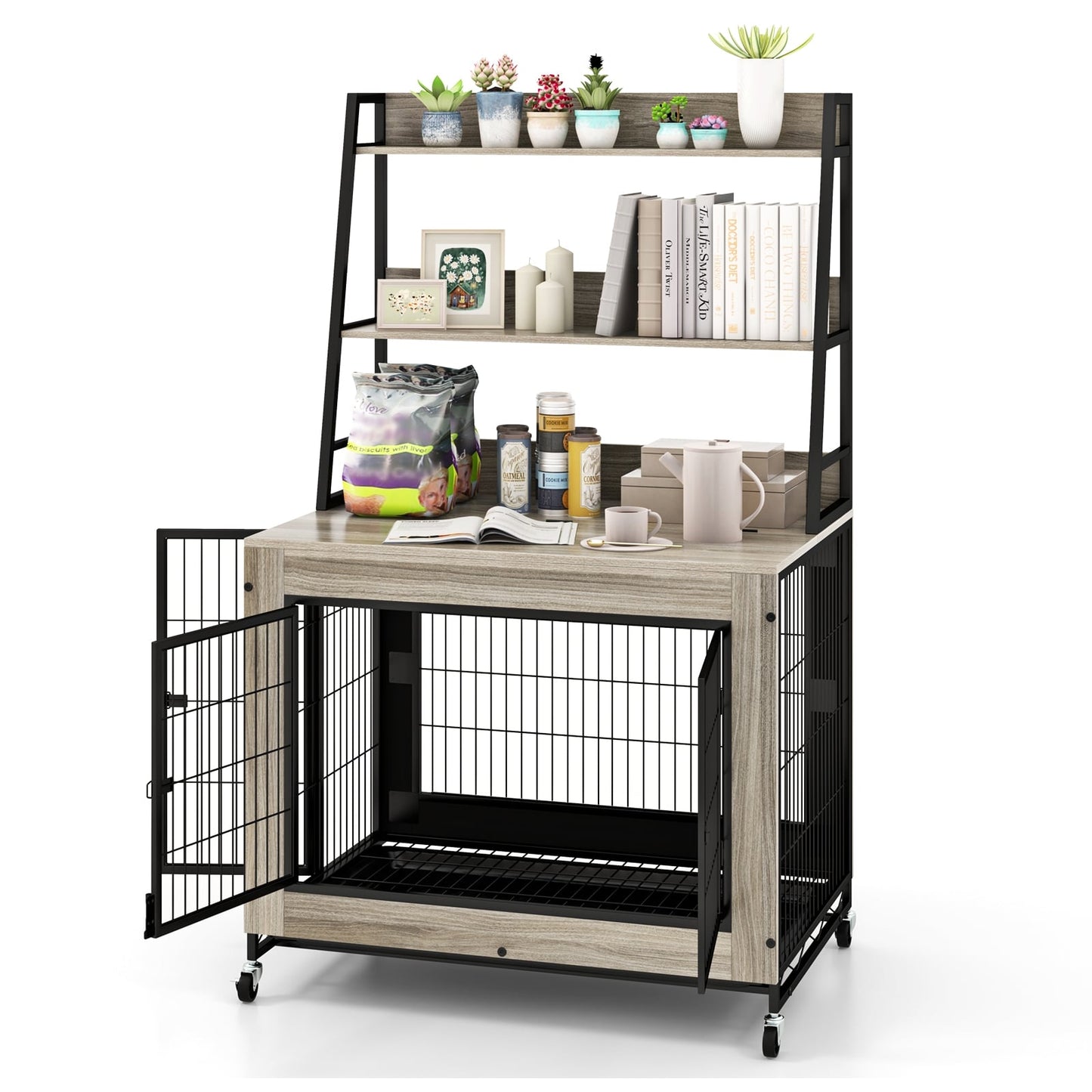 Industrial Dog Kennel Crate With Storage Shelves, Gray