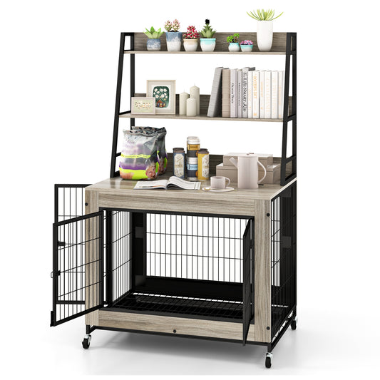 Industrial Dog Kennel Dog Crate Furniture with Storage Shelves, Gray Dog Kennels Gray at Gallery Canada