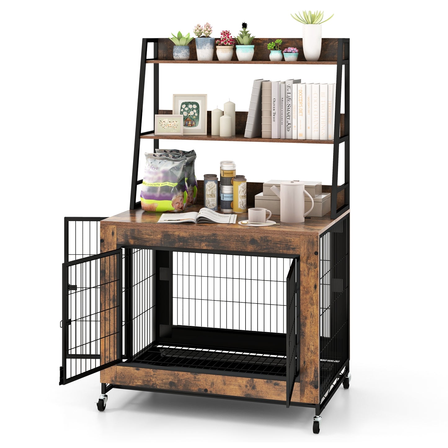 Industrial Dog Kennel Dog Crate Furniture with Storage Shelves, Rustic Brown Dog Kennels Rustic Brown at Gallery Canada