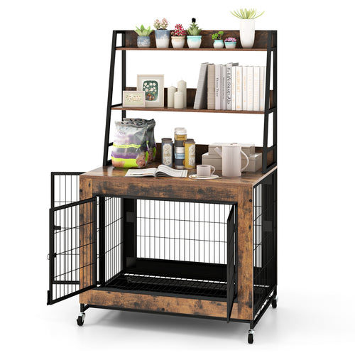 Industrial Dog Kennel Dog Crate Furniture with Storage Shelves, Rustic Brown