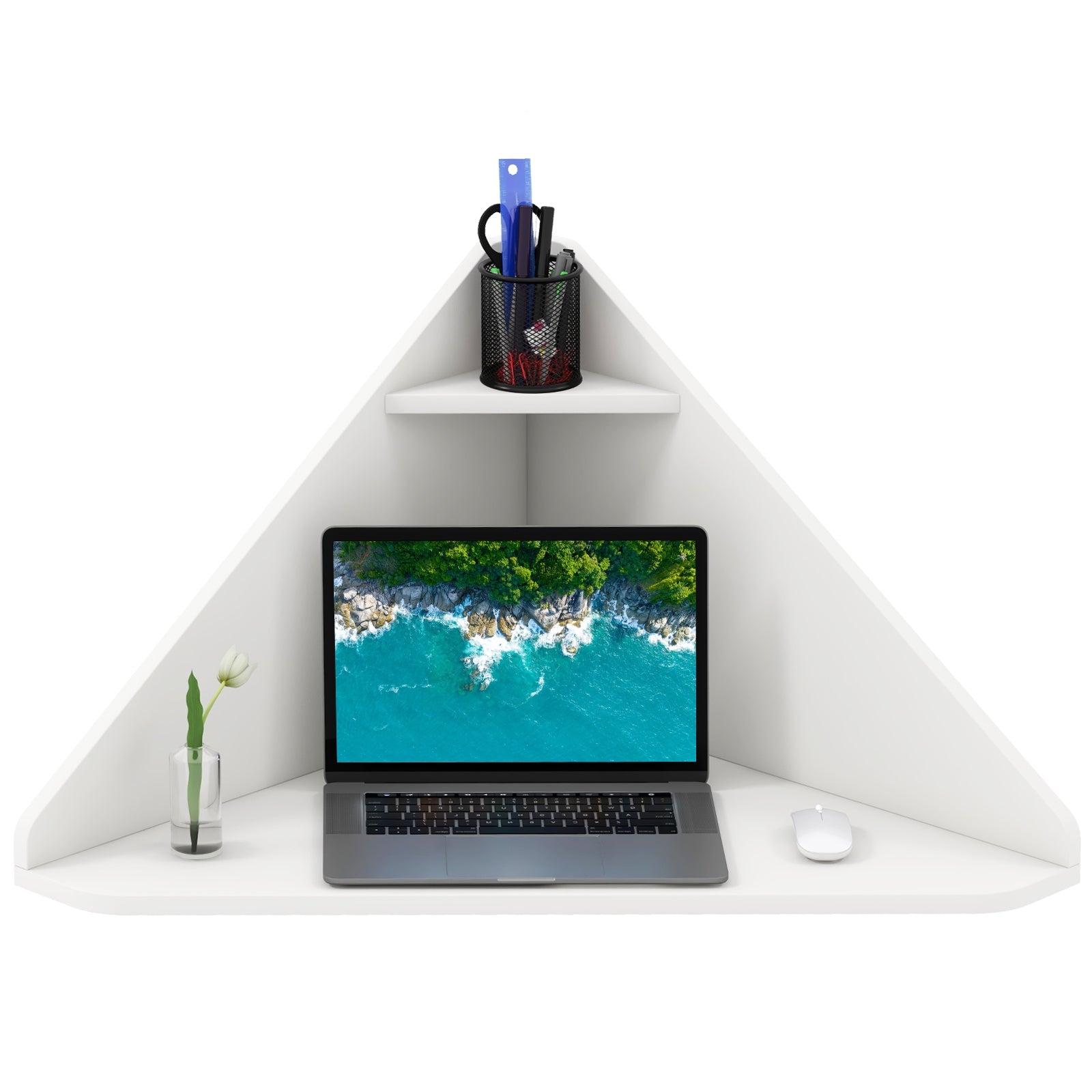 Triangular Corner Computer Desk With Storage Shelf, White Corner Desks White at Gallery Canada