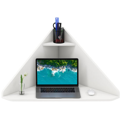 Triangular Corner Computer Desk With Storage Shelf, White Corner Desks White at Gallery Canada