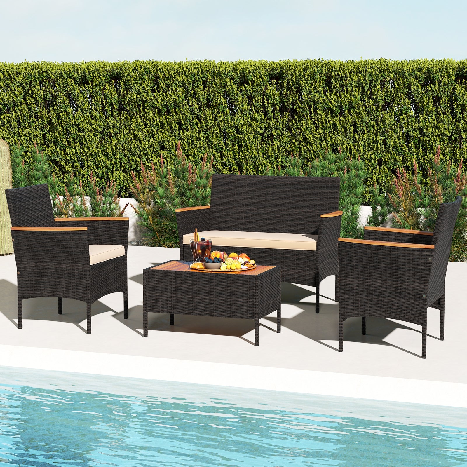 4 Piece Patio Wicker Sofa Set 2 Rattan Chairs and Loveseat with Table, Brown Patio Conversation Sets at Gallery Canada