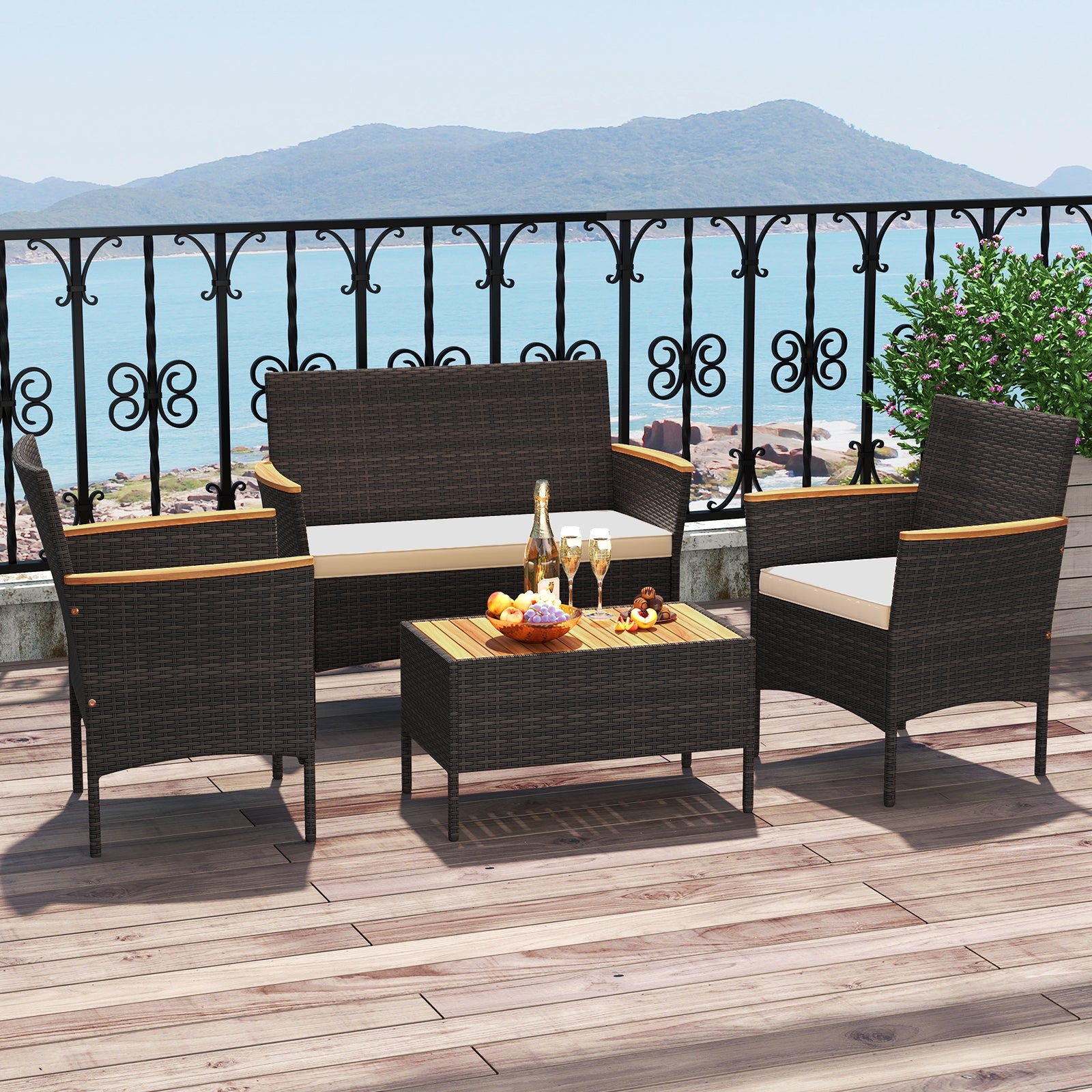 4 Piece Patio Wicker Sofa Set 2 Rattan Chairs and Loveseat with Table, Brown Patio Conversation Sets at Gallery Canada