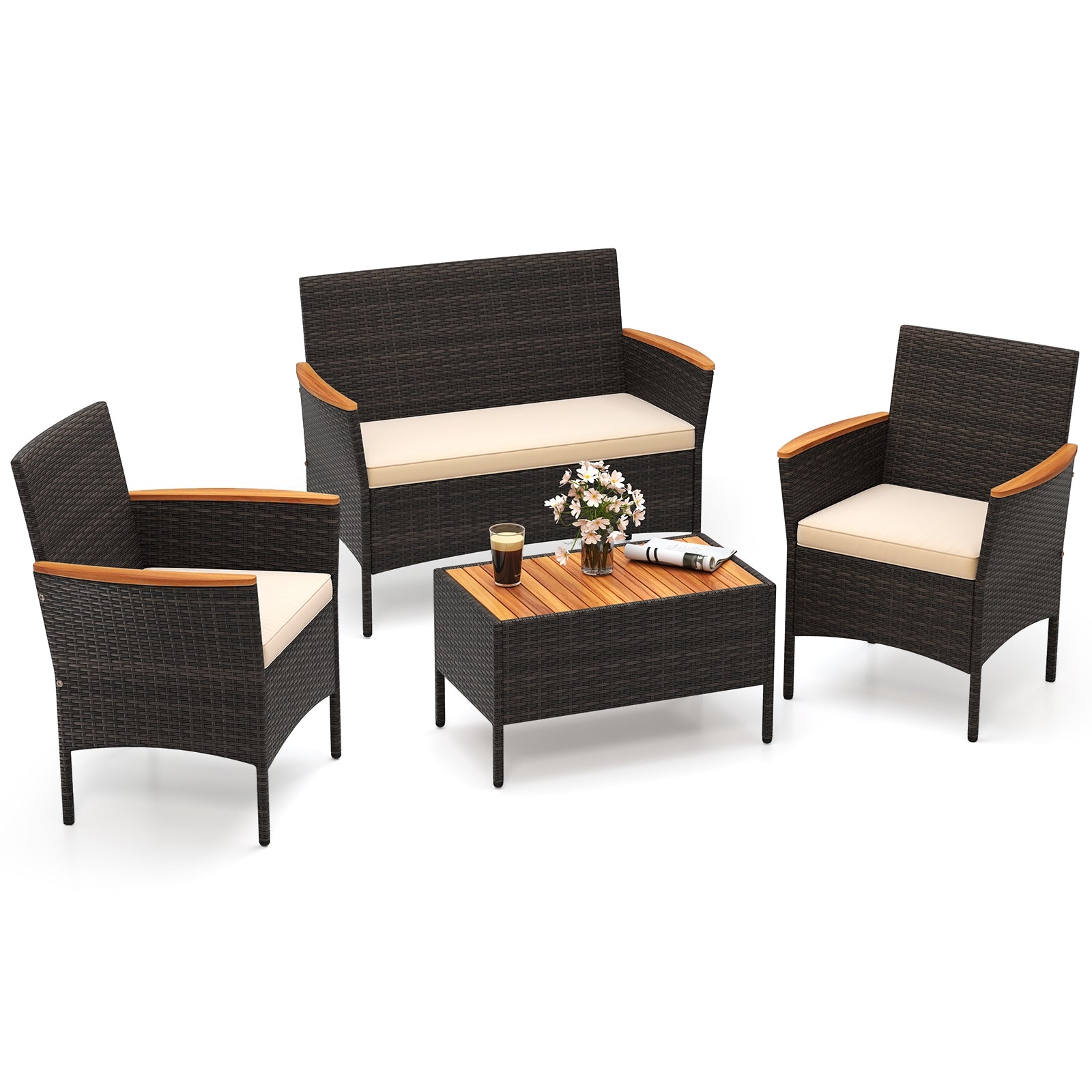 4 Piece Patio Wicker Sofa Set 2 Rattan Chairs and Loveseat with Table, Brown Patio Conversation Sets at Gallery Canada