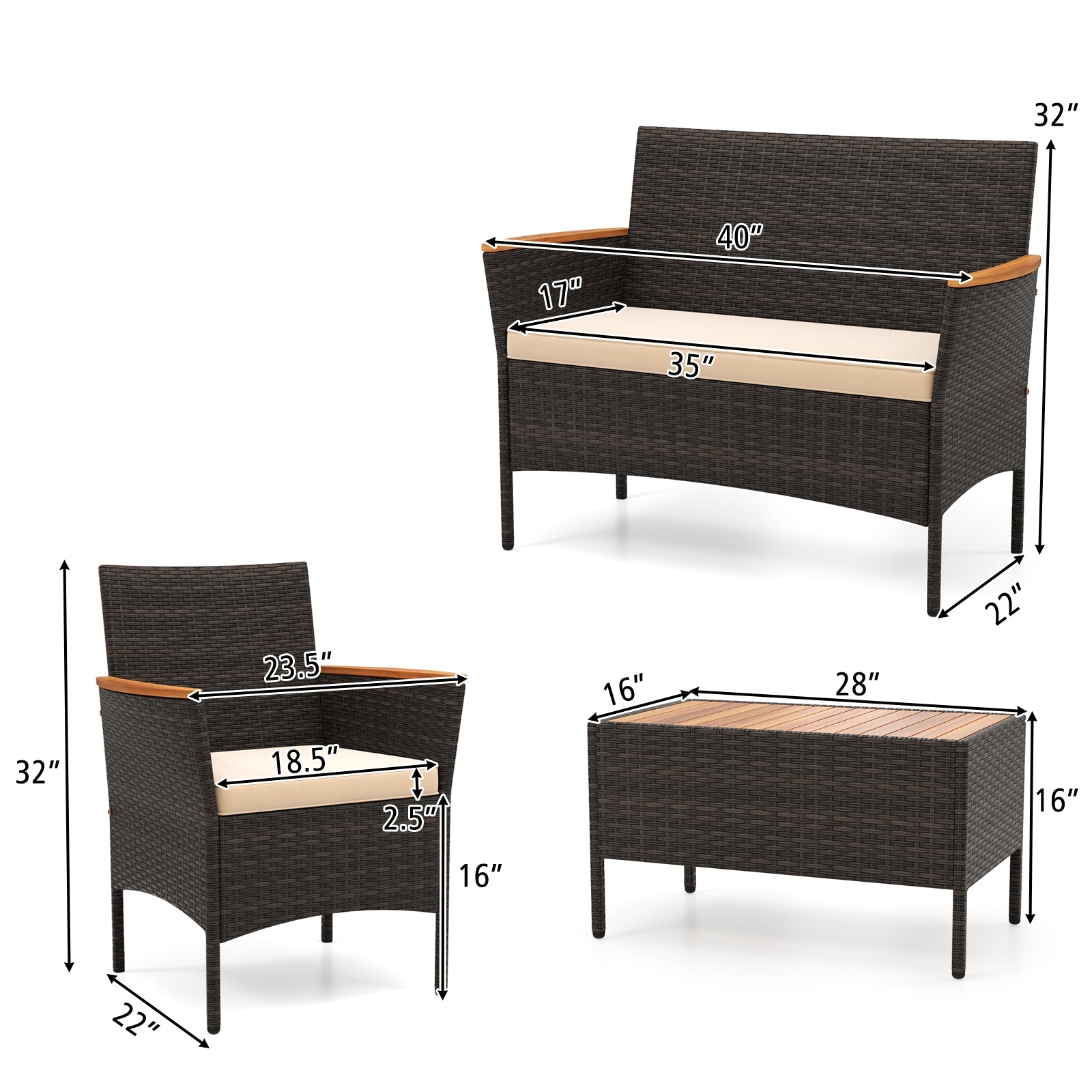 4 Piece Patio Wicker Sofa Set 2 Rattan Chairs and Loveseat with Table, Brown Patio Conversation Sets at Gallery Canada