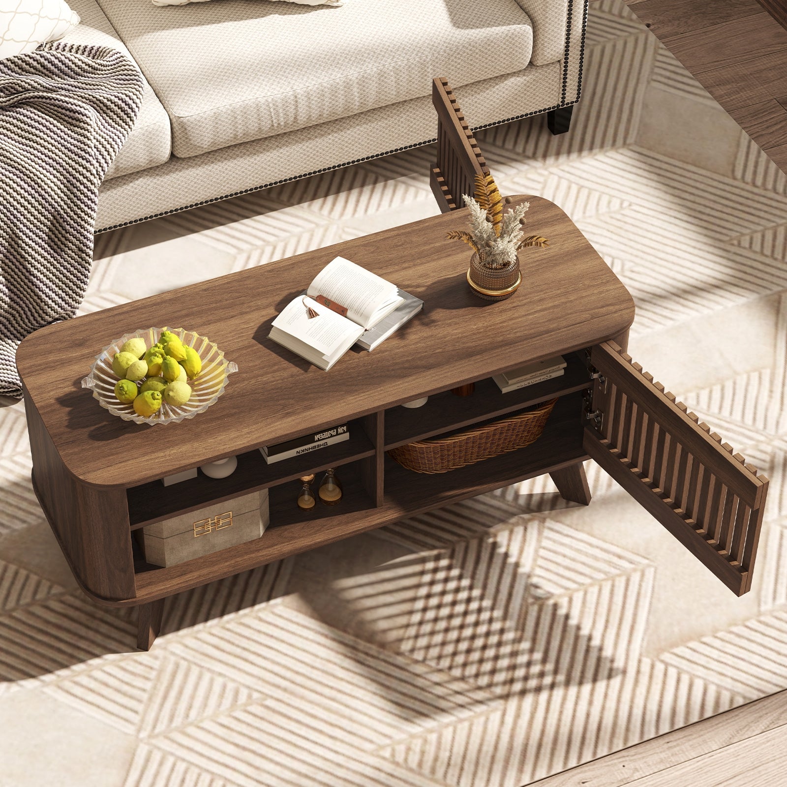 Rectangular Coffee Table with Storage and Adjustable Shelves, Walnut Coffee Tables at Gallery Canada