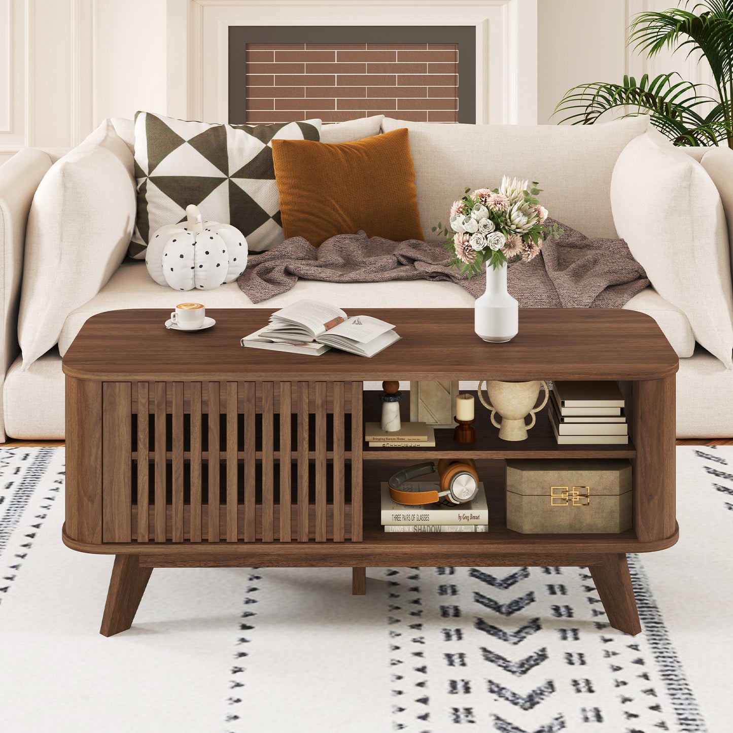 Rectangular Coffee Table with Storage and Adjustable Shelves, Walnut Coffee Tables at Gallery Canada