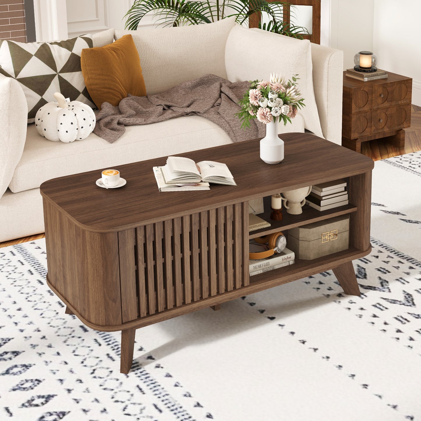 Rectangular Coffee Table with Storage and Adjustable Shelves, Walnut Coffee Tables at Gallery Canada